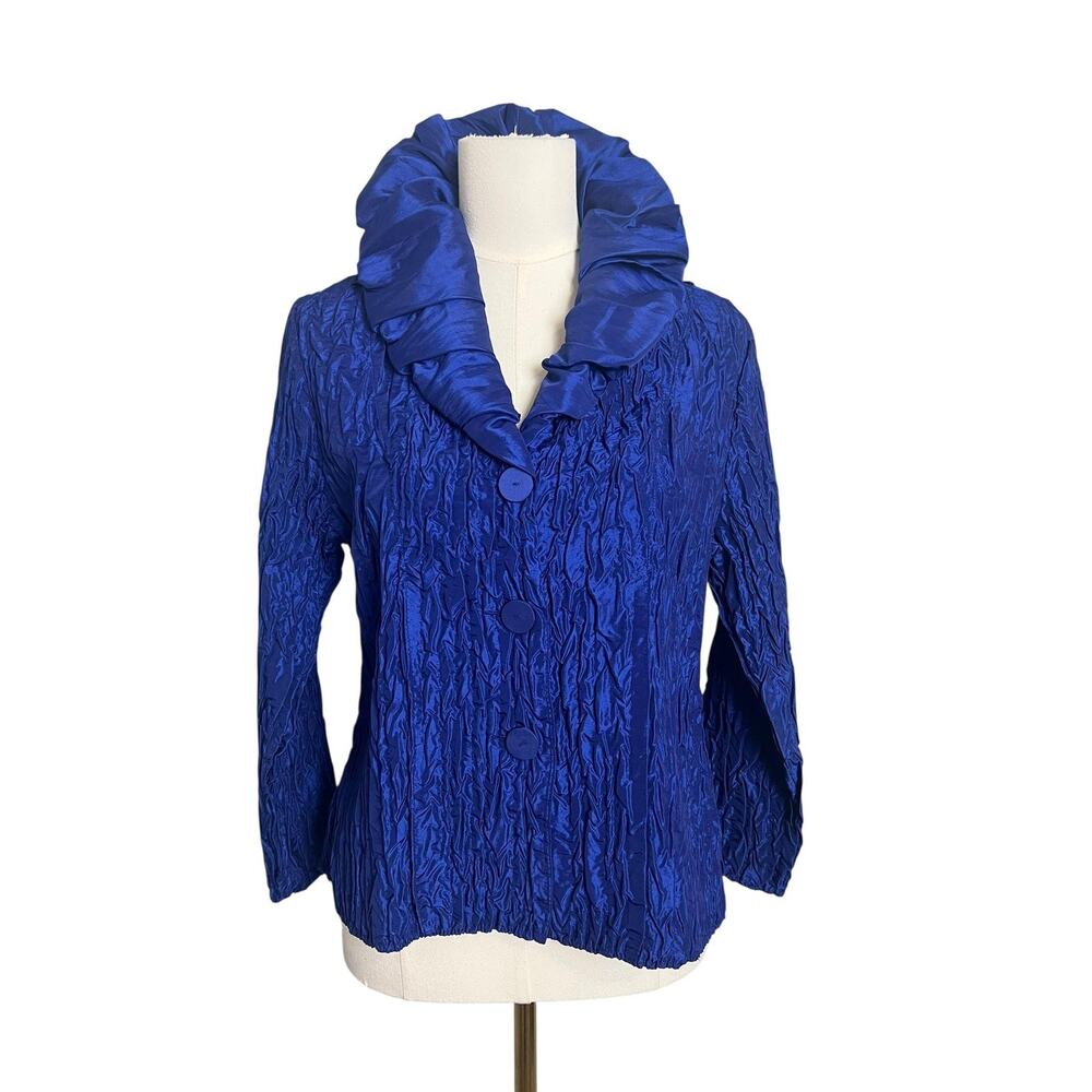 Veeca Blouse Womens Blue Ruffle Collar Crinkle Button Top Dressy Mature Blazer